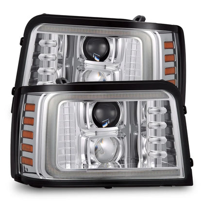 AlphaRex 880379 PRO-Series halogen projector headlights for 1992-1996 Ford F-Series and Bronco with chrome housings, LED DRLs, and sequential turn signals