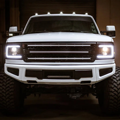 AlphaRex 880379 PRO-Series halogen projector headlights for 1992-1996 Ford F-Series and Bronco with chrome housings, LED DRLs, and sequential turn signals