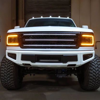 AlphaRex 880379 PRO-Series halogen projector headlights for 1992-1996 Ford F-Series and Bronco with chrome housings, LED DRLs, and sequential turn signals