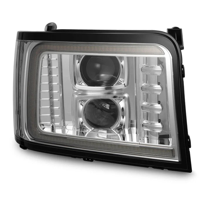 AlphaRex 880379 PRO-Series halogen projector headlights for 1992-1996 Ford F-Series and Bronco with chrome housings, LED DRLs, and sequential turn signals