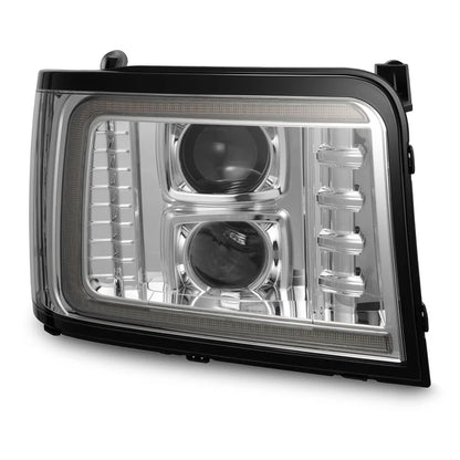 AlphaRex 880379 PRO-Series halogen projector headlights for 1992-1996 Ford F-Series and Bronco with chrome housings, LED DRLs, and sequential turn signals