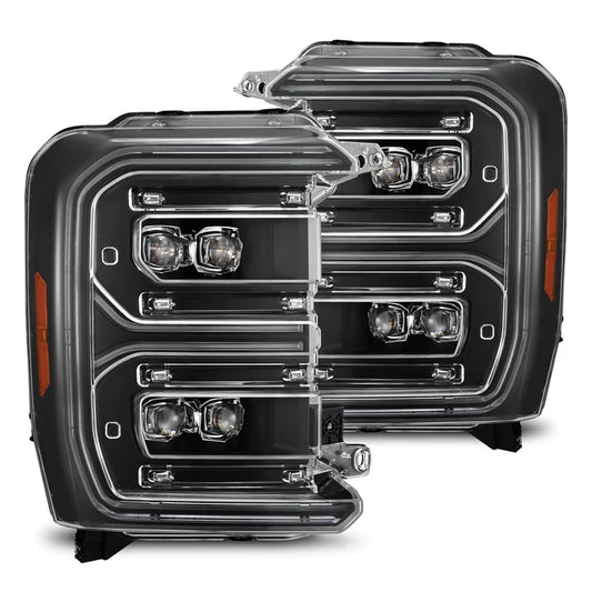 AlphaRex 880895 NOVA-Series LED projector headlights for 2023-2026 Ford Super Duty with black housings, 3D Ice Cube projectors, and selectable white or amber DRLs