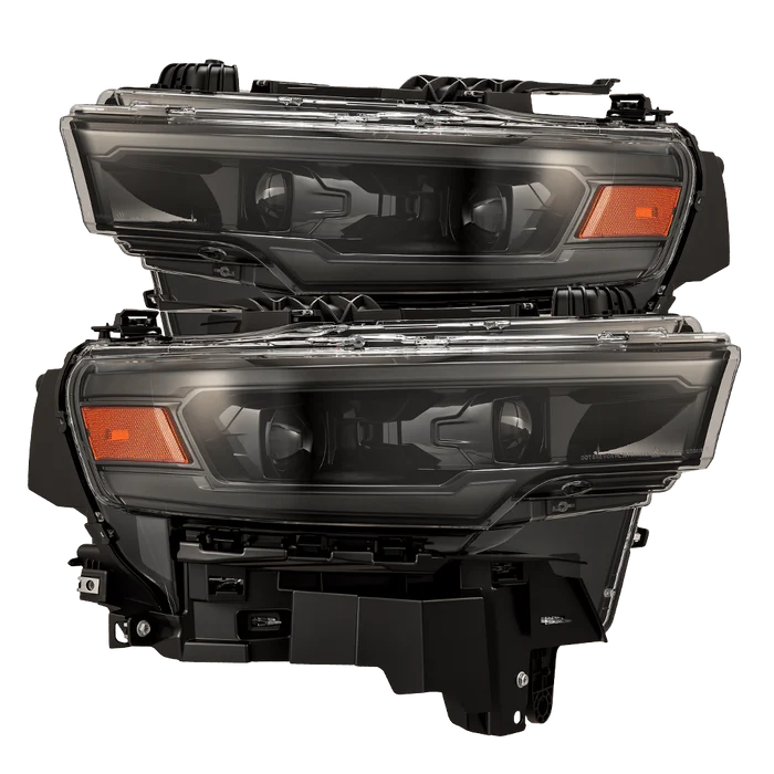 AlphaRex 880906 LUXX-Series LED projector headlights for 2025-2026 Ram 1500 with Alpha-Black housings, selectable white or amber DRLs, and sequential turn signals