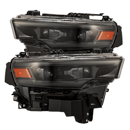 AlphaRex 880906 LUXX-Series LED projector headlights for 2025-2026 Ram 1500 with Alpha-Black housings, selectable white or amber DRLs, and sequential turn signals