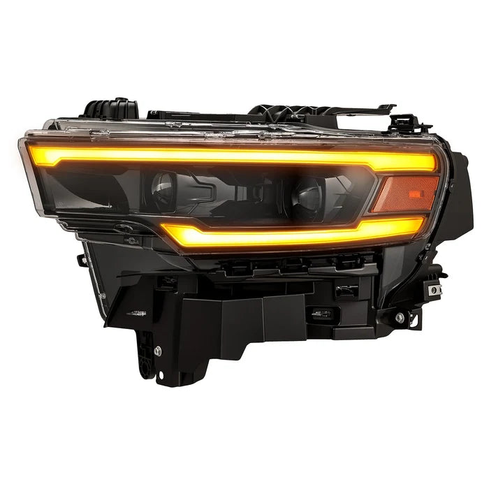 AlphaRex 880906 LUXX-Series LED projector headlights for 2025-2026 Ram 1500 with Alpha-Black housings, selectable white or amber DRLs, and sequential turn signals