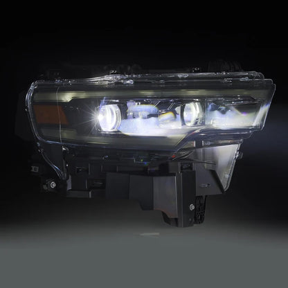 AlphaRex 880906 LUXX-Series LED projector headlights for 2025-2026 Ram 1500 with Alpha-Black housings, selectable white or amber DRLs, and sequential turn signals