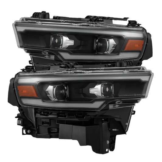 AlphaRex 880907 LUXX-Series LED projector headlights for 2025-2026 Ram 1500 with black housings, selectable white or amber DRLs, and sequential turn signals