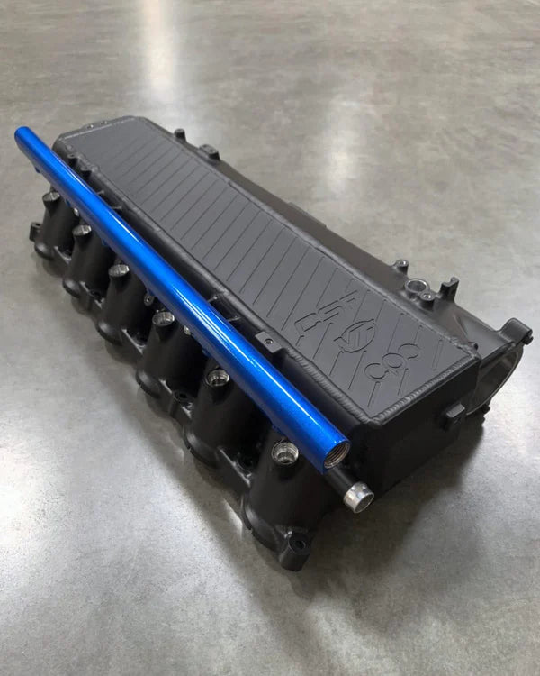 CSF Toyota / BMW B58 Charge-Air Cooler Manifold - Thermal Black w/ Cusco/Versus Blue Fuel Rails