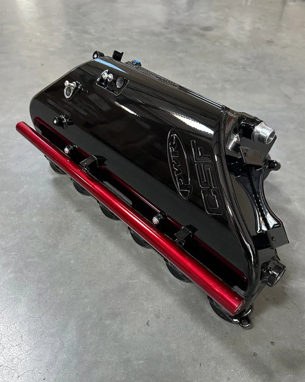 CSF BMW M2/M3/M4 S58 (G8X) Charge-Air Cooler Manifold - Black Gloss w/ Candy Apple Red Rail
