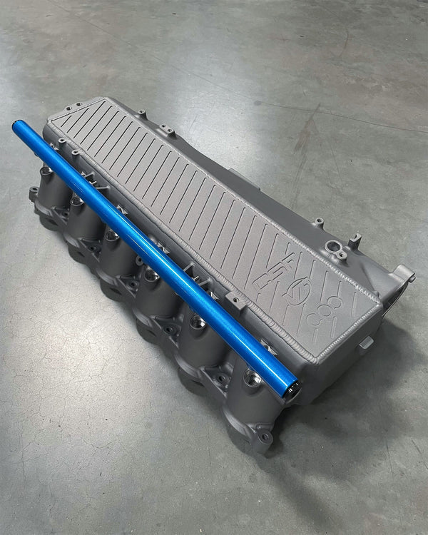 CSF BMW Gen 1 B58 Charge-Air-Cooler Manifold - Thermal Grey w/ Cusco/Versus Blue Fuel Rails
