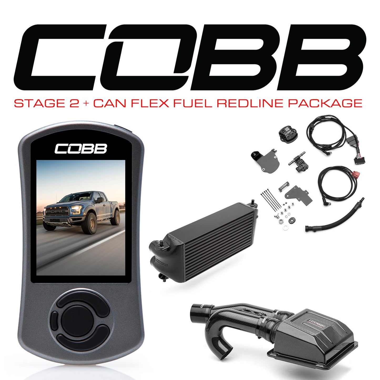 Cobb 17-20 Ford F-150 Ecoboost Raptor Stg2+ w/TCM CAN Flex Fuel Redline CF Pwr Pkg (OE Loc I/C) - BK - FOR0050S20BK-TCM-RED-FF