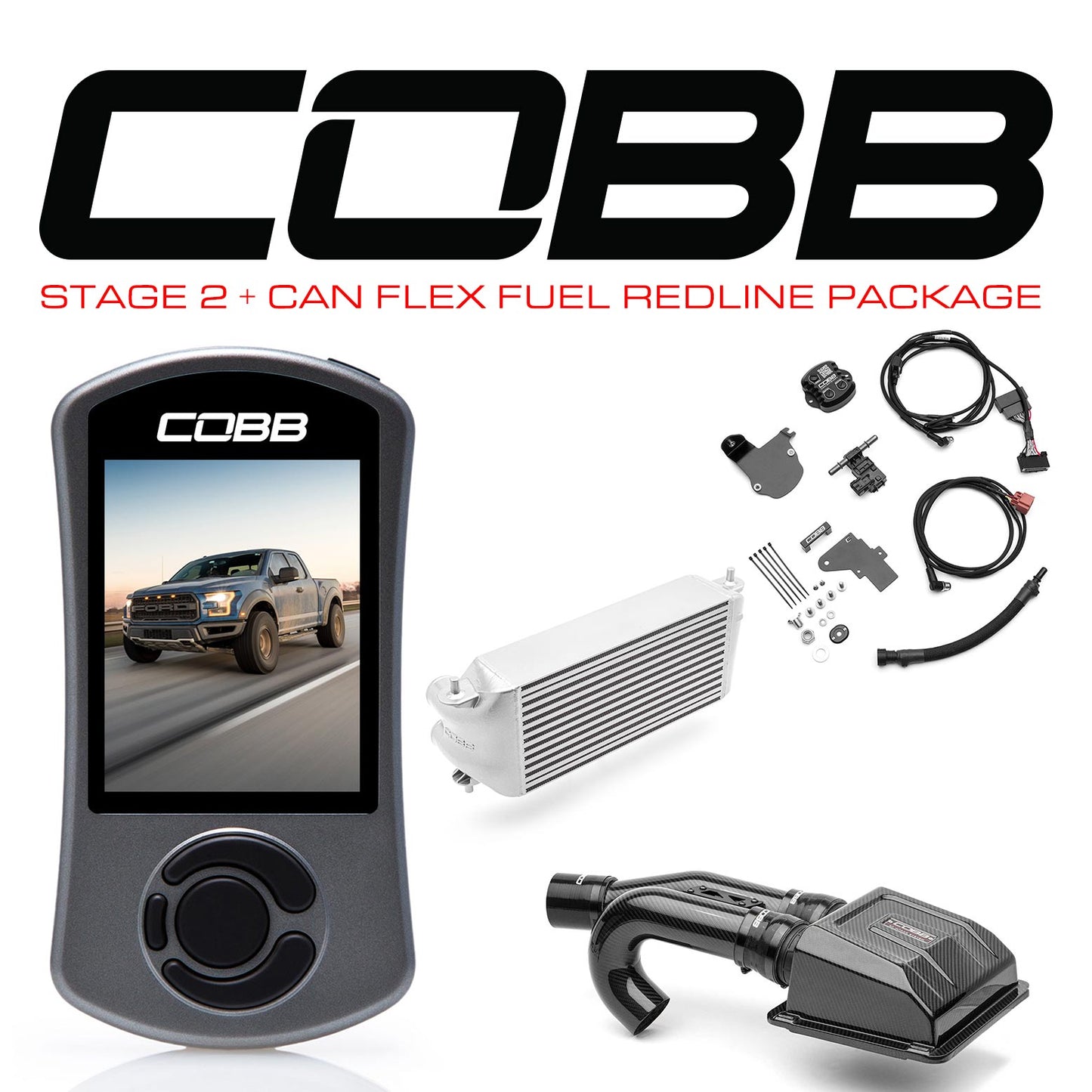 Cobb 17-20 Ford F-150 Ecoboost Raptor Stg2+ w/TCM CAN Flex Fuel Redline CF Pwr Pkg (OE Loc I/C) - SL - FOR0050S20SL-TCM-RED-FF