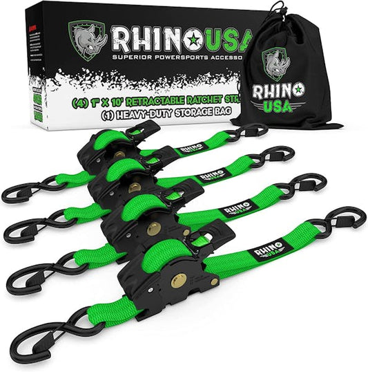 Rhino USA Retractable Ratchet Straps (4Pk 1Inx10Ft) (Green)