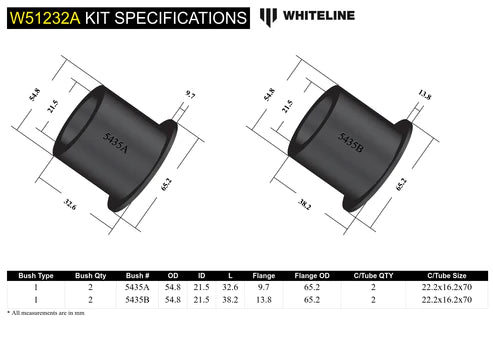 WHITELINE PLUS 1/93-02 TOYOTA SUPRA FRONT CONTROL ARM - LOWER INNER REAR BUSHING KIT - W51232A Whiteline