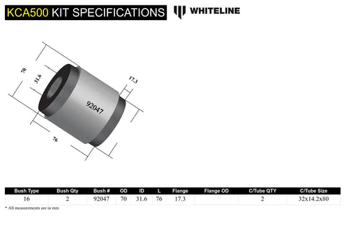 WHITELINE 18-23 KIA STINGER FRONT CONTROL ARM LOWER BUSHING KIT DOUBLE OFFSET - KCA500