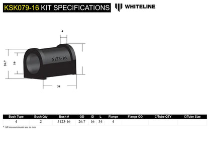 Whiteline KSK079-16 Rear Sway Bar Mount Bushing Kit for 1990-2018 Mazda Miata 16 mm Whiteline