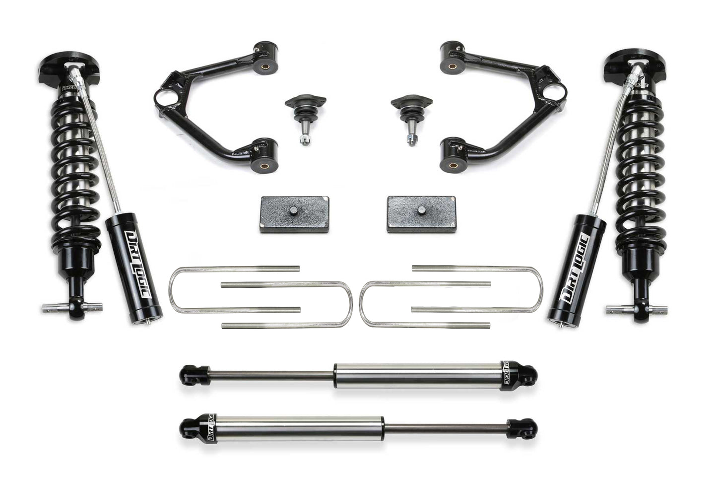 Fabtech 3" Dirt Logic Suspension System w/Ball Joint UCA, Dirt Logic 2.5 Reservoir Coilovers & Dirt Logic 2.25 Rear Shocks – 2025 GM 1500 2WD/4WD (K1210DL)