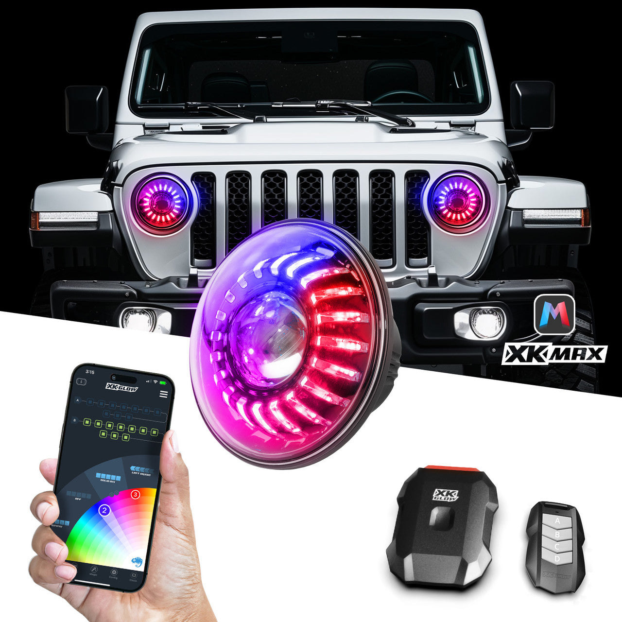 XK Glow 07-18 Jeep Wrangler JK 7in Headlight XKmax RGBW LED 2pc XKchrome Bluetooth App Cntl Kit