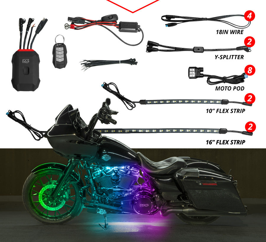 XK Glow XKmax RGBW 10pc addressable Motorcycle Underglow Light Kit MX-MOTO-STA