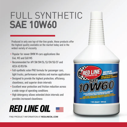 Red Line 11704 10W‑60 Full Synthetic Motor Oil – 1 Quart Red Line