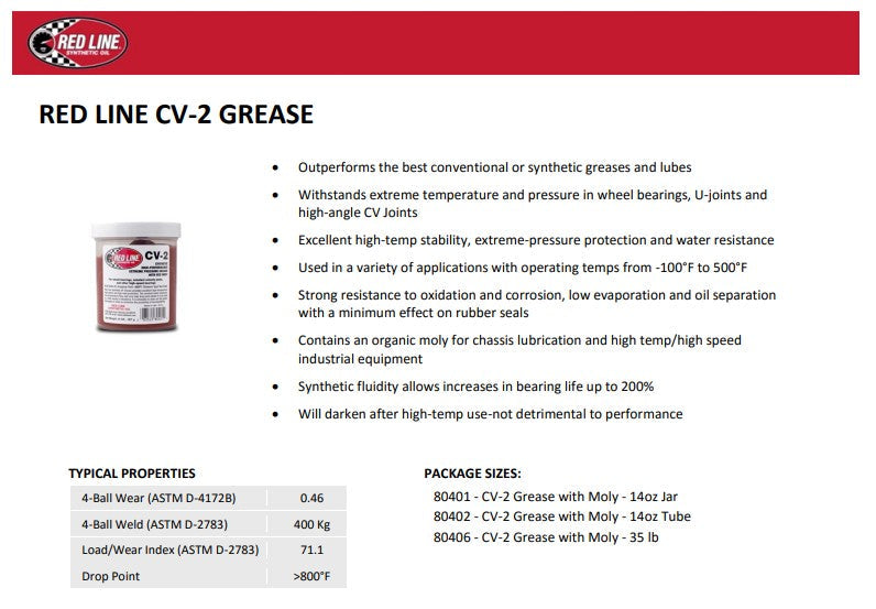 Red Line 80402 CV-2 Grease w/Moly – 14 oz Tube Red Line