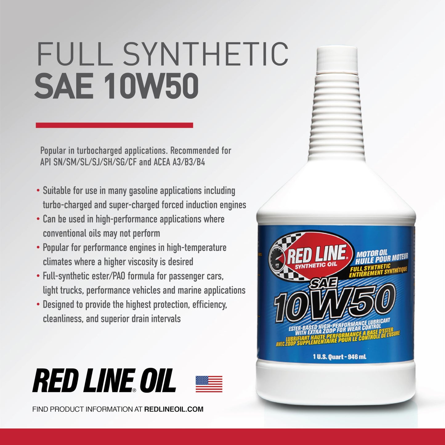 Red Line 11204 10W‑50 Full Synthetic Motor Oil – 1 Quart Red Line