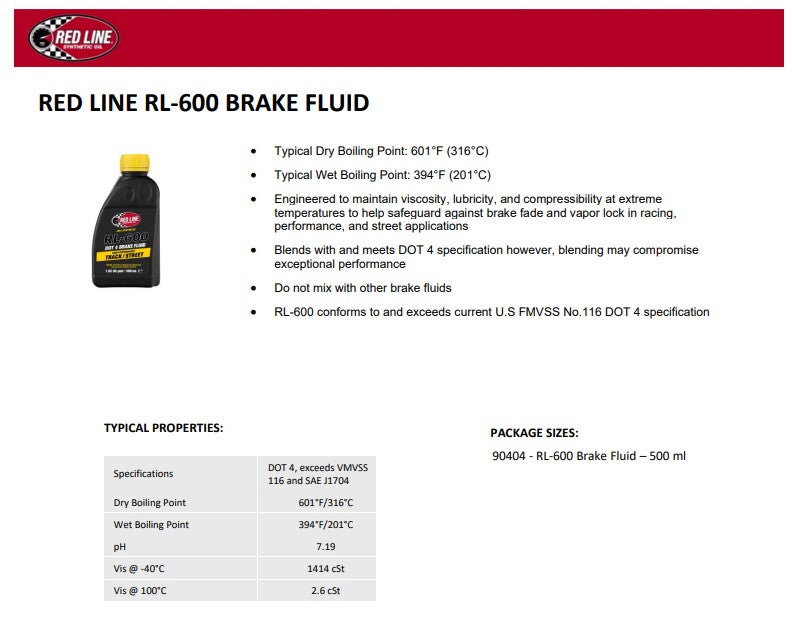 Red Line 90404 – RL-600 DOT 4 Brake Fluid – 1 Quart Red Line
