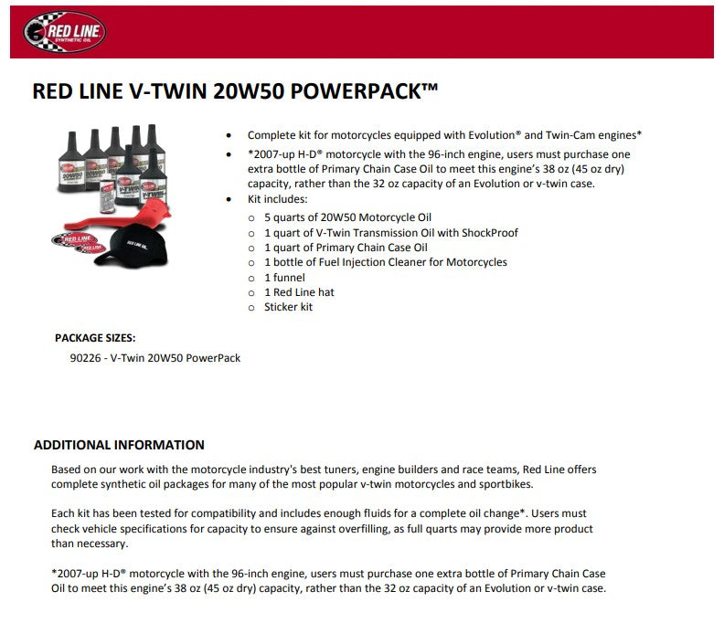 Red Line 90226 V‑Twin PowerPack – 20W‑50 Full Synthetic Engine, Primary & Transmission Oil Kit Red Line