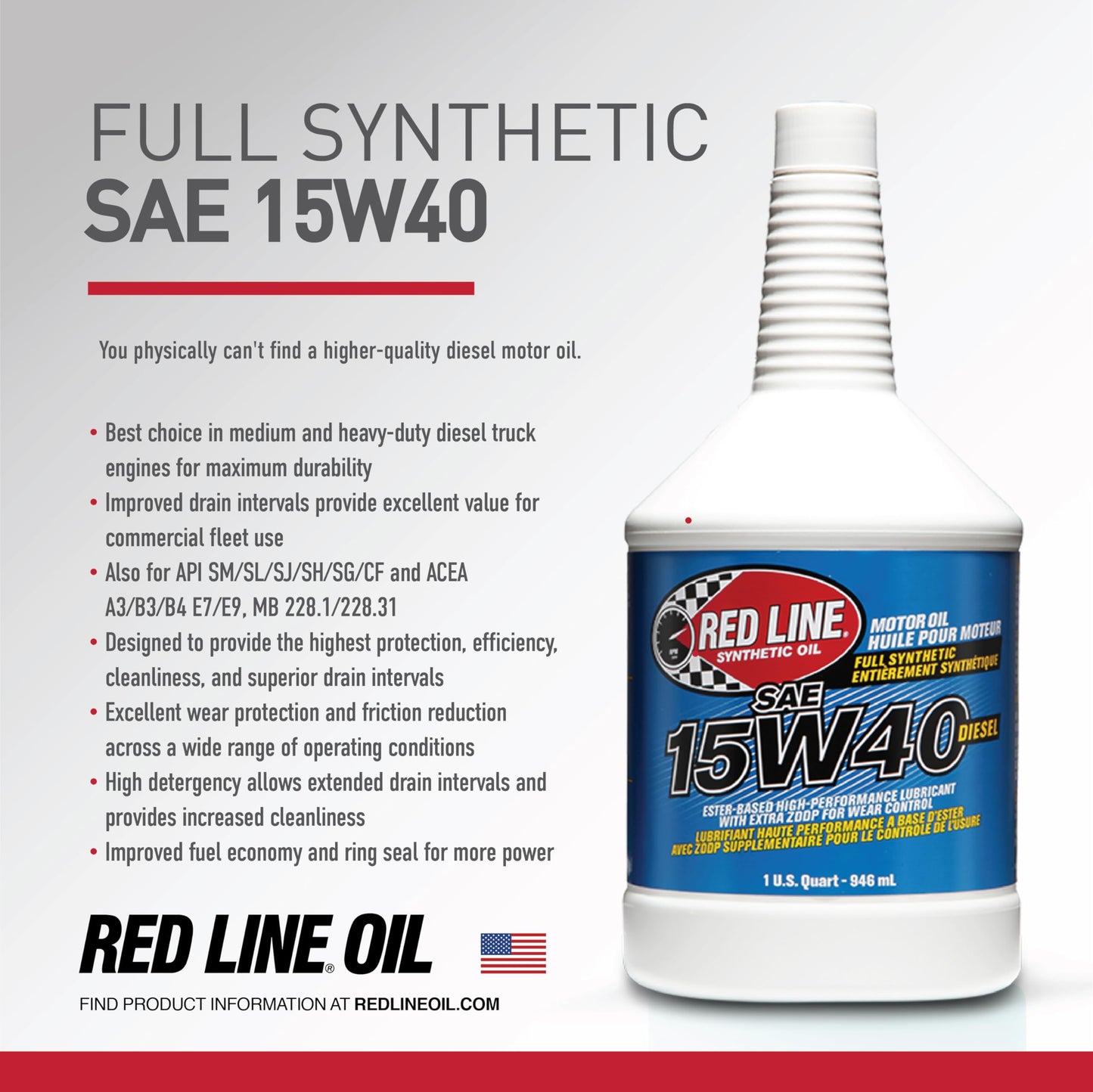 Red Line 21405 15W‑40 Full Synthetic Diesel Motor Oil – 1 Gallon Red Line