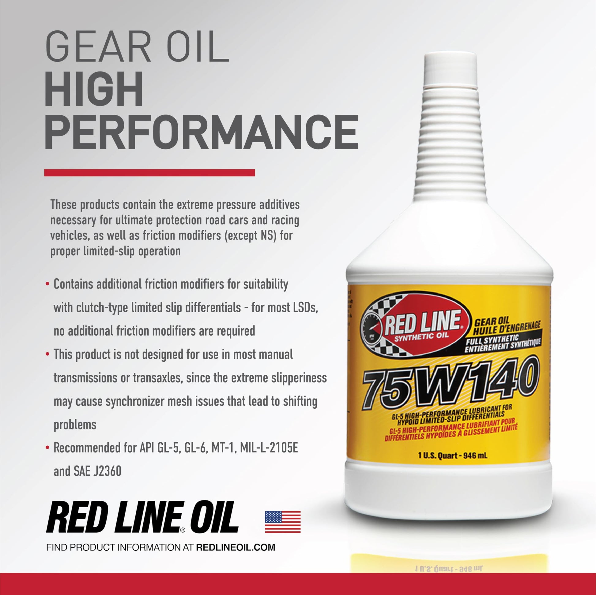 Red Line 57914 75W‑140 Full Synthetic GL‑5 Gear Oil – 1 Quart Red Line