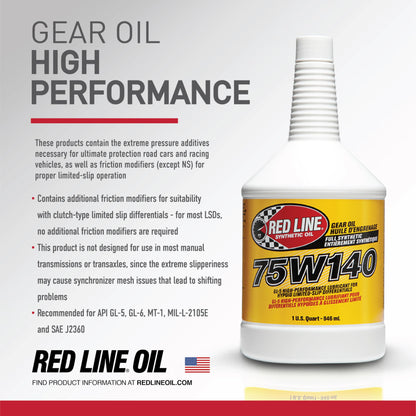 Red Line 57914 75W‑140 Full Synthetic GL‑5 Gear Oil – 1 Quart Red Line