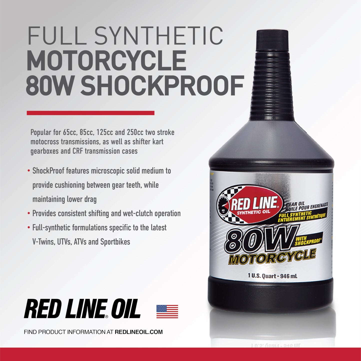 Red Line 42704 80W Full Synthetic Motorcycle Gear Oil with ShockProof – 1 Quart Red Line