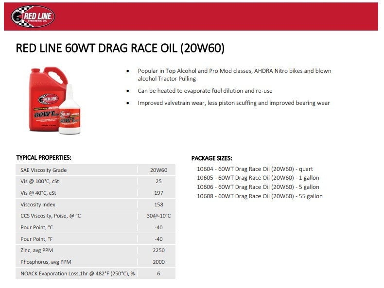 Red Line 10605 60WT Drag Race Oil (20W‑60) – 1 Gallon Red Line
