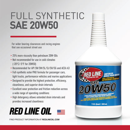 Red Line 12504 20W‑50 Full Synthetic Motor Oil – 1 Quart Red Line