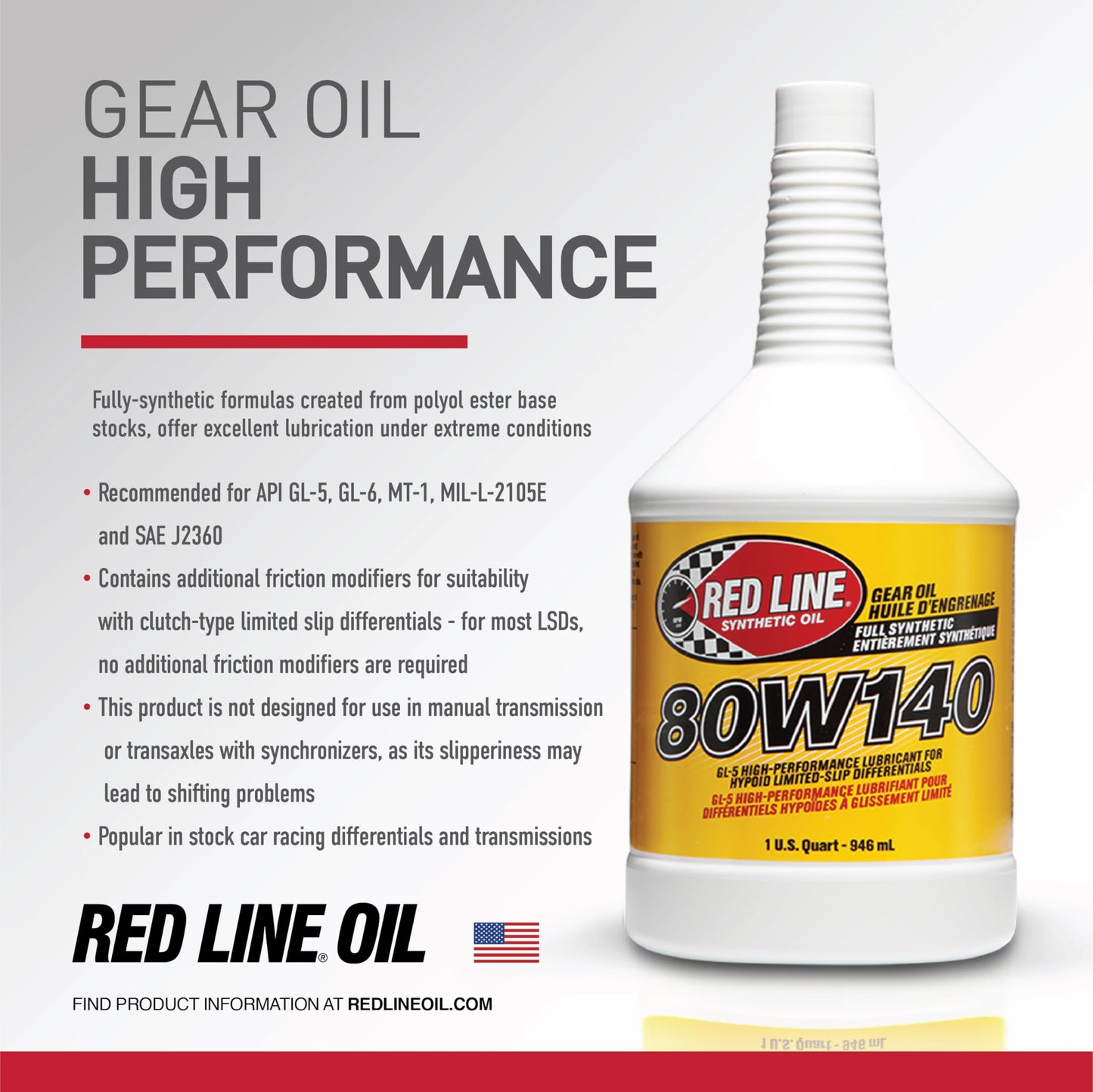 Red Line 58104 80W‑140 Full Synthetic GL‑5 Gear Oil – 1 Quart Red Line