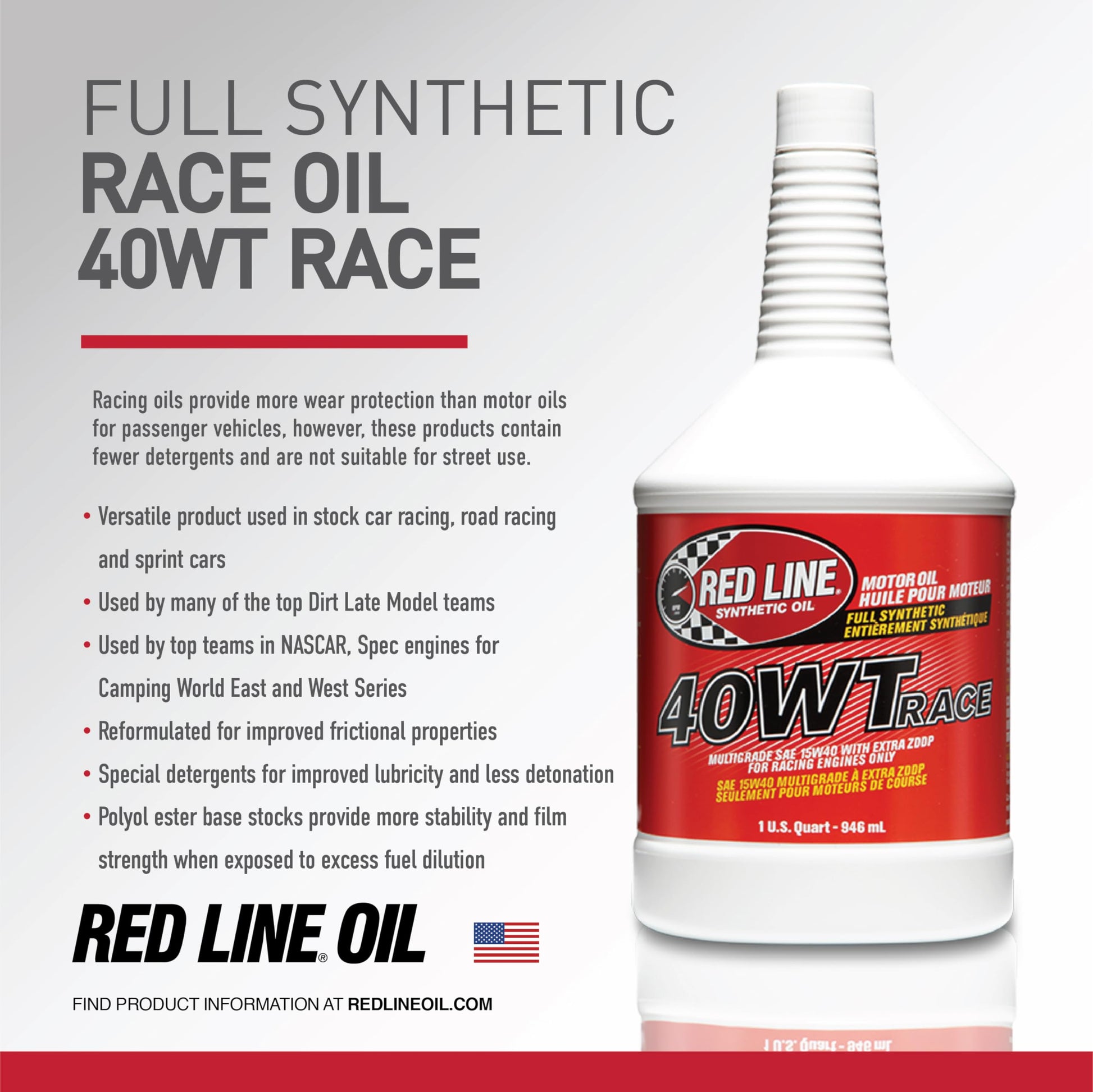 Red Line 10404 40WT Race Oil (15W‑40) – 1 Quart Red Line