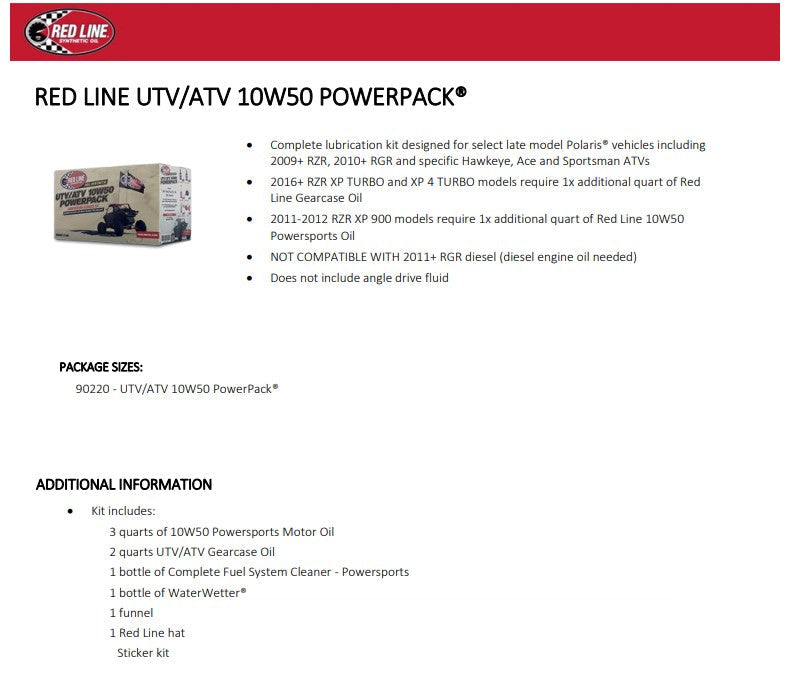 Red Line UTV/ATV 10W‑50 PowerPack – Full Synthetic Engine & Transmission Oil Kit – SKU 90220 Red Line