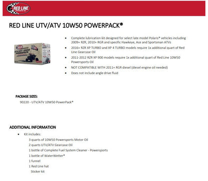 Red Line UTV/ATV 10W‑50 PowerPack – Full Synthetic Engine & Transmission Oil Kit – SKU 90220 Red Line