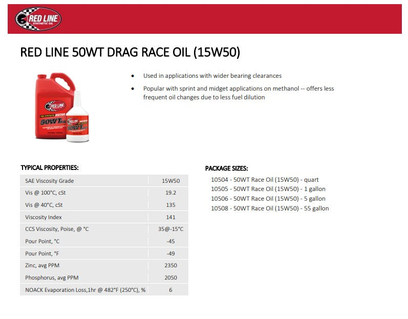 Red Line 10505 50WT Race Oil (15W‑50) – 1 Gallon Red Line