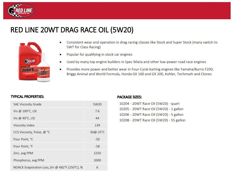 Red Line 10204 20WT Race Oil (5W‑20) – 1 Quart Red Line