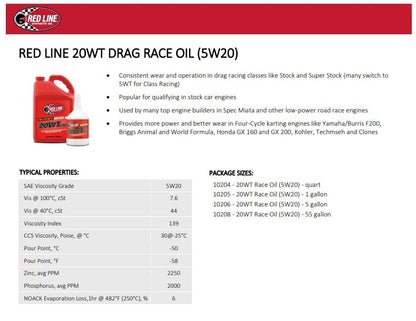 Red Line 10204 20WT Race Oil (5W‑20) – 1 Quart Red Line
