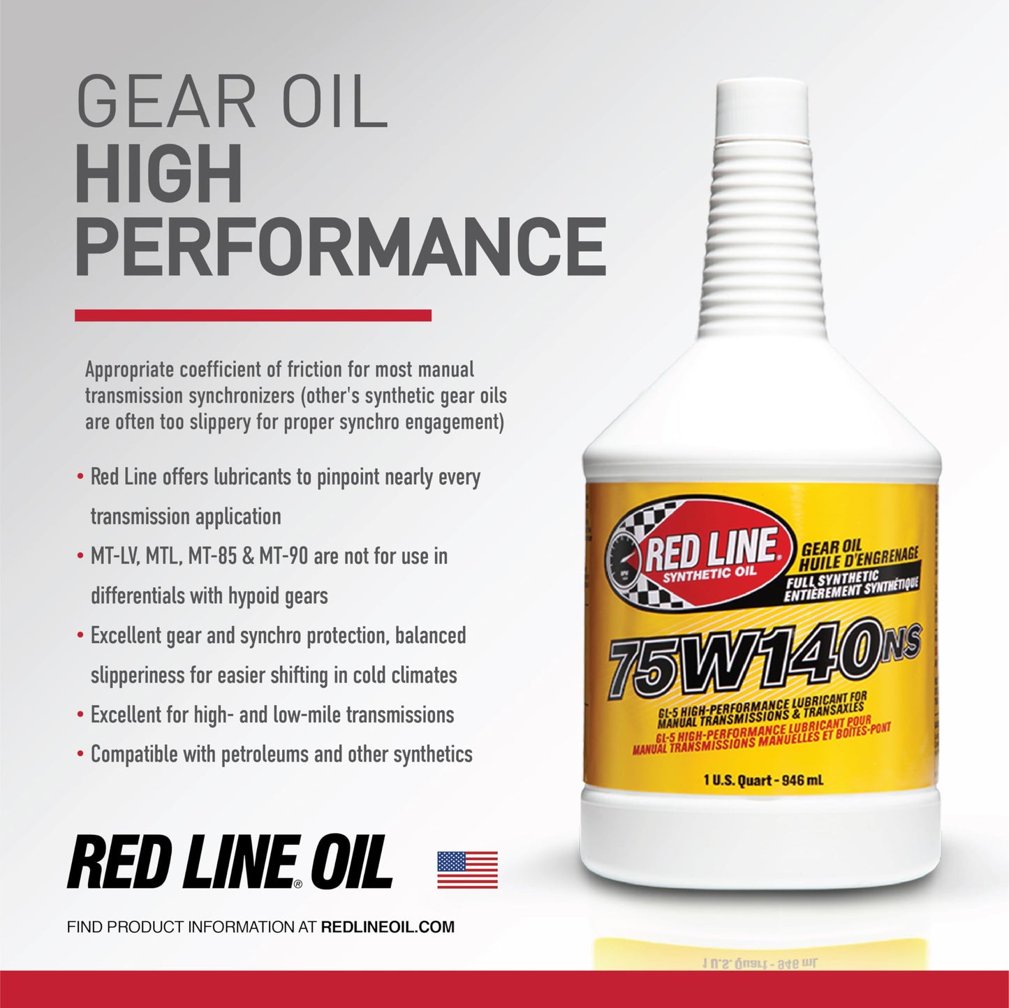 Red Line 57104 75W‑140 GL‑5 Gear Oil (Non-Slip) – 1 Quart Red Line