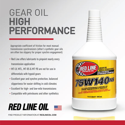 Red Line 57104 75W‑140 GL‑5 Gear Oil (Non-Slip) – 1 Quart Red Line