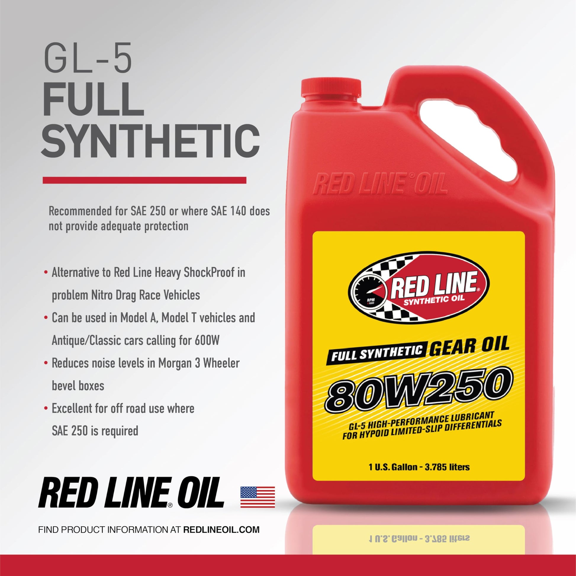 Red Line 58605 80W‑250 Full Synthetic GL‑5 Gear Oil – 1 Gallon Red Line