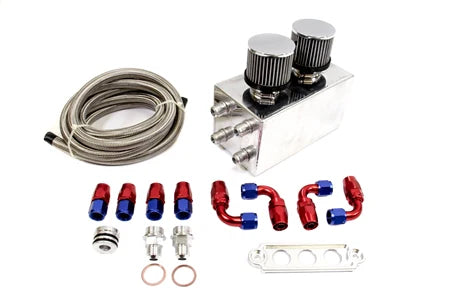 Silver PLM oil catch can with dual breather filters and fittings