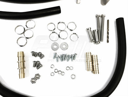 Full view of fittings, hoses, and brackets in PLM Audi cooling system upgrade