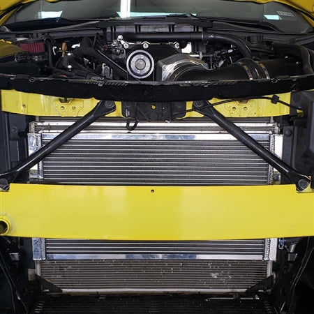 Close-up of installed PLM heat exchanger on 2016–2020 Chevrolet Camaro ZL1