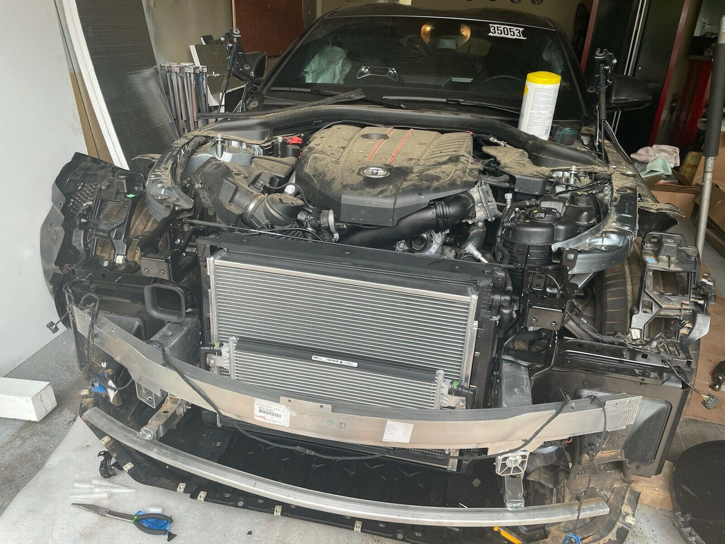 Installed view of PLM heat exchanger in 2020+ Toyota GR Supra engine bay