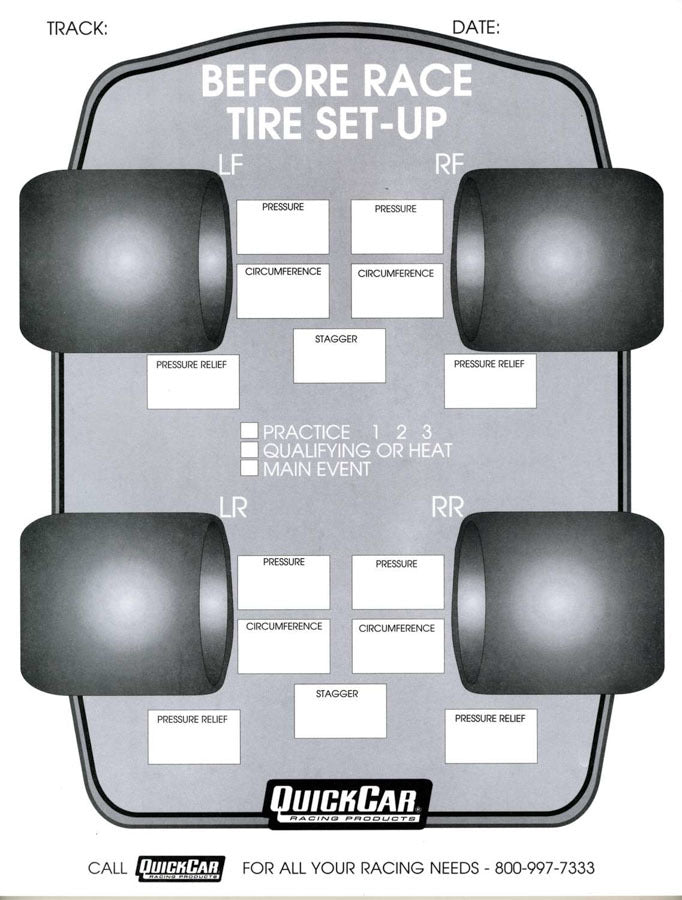 Before Race Tire Set-Up Forms (50 PK) QUICKCAR RACING PRODUCTS