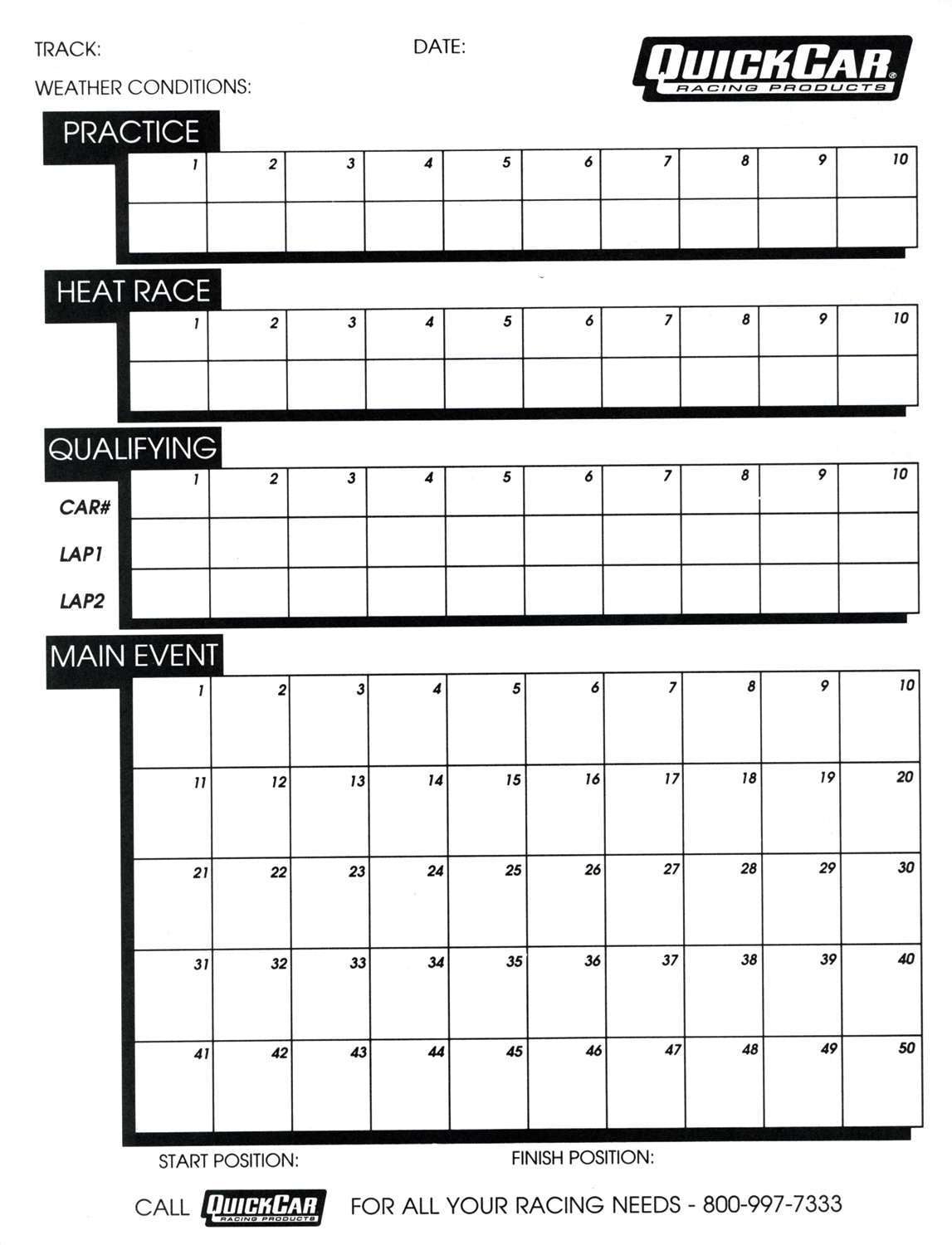 Time Organizer Sheets 50 Lap QUICKCAR RACING PRODUCTS